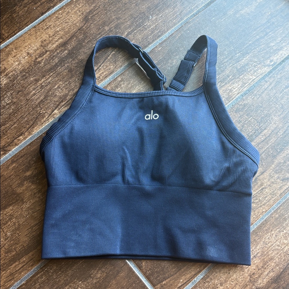 ALO Yoga Seamless Ribbed Favorite Bra Tank, Navy Blue Size: Small